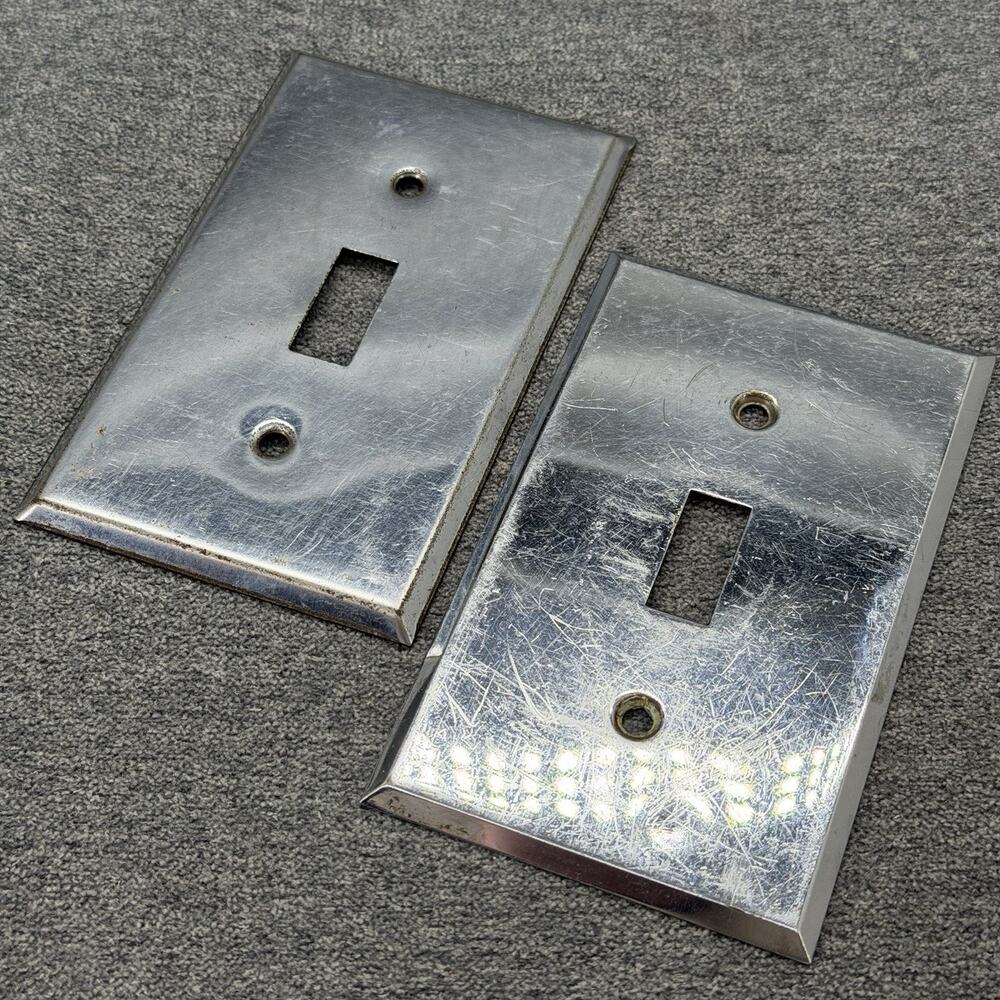 2pc Vintage Chrome Single Toggle Light Switch Plate Covers Lot Made in USA